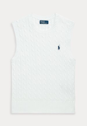 White sleeveless sweater with a cable knit pattern, ribbed neckline and hem, featuring a small blue embroidered logo on the chest.