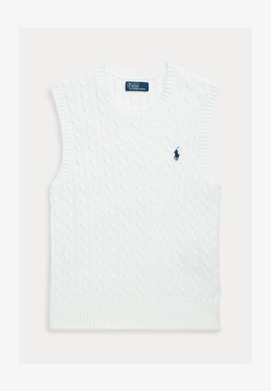 White sleeveless sweater with a cable knit pattern, ribbed neckline and hem, featuring a small blue embroidered logo on the chest.