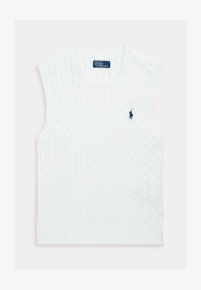 Balts bezroku džemperis ar pinuma rakstu, ribota apkakle un apakšmala, ar mazu zilu izšūtu logotipu krūšu rajonā.