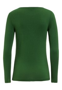 Ærmeløs grøn bluse i glat stof med rund halsudskæring og tætsiddende pasform. Bagfra ses et sømløst design.