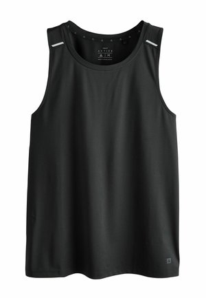 Zwart mouwloos sport tanktop met ronde halslijn en kleine reflecterende strepen op elke schouder.