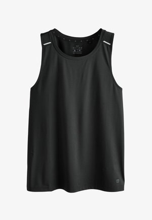 Zwart mouwloos sport tanktop met ronde halslijn en kleine reflecterende strepen op elke schouder.