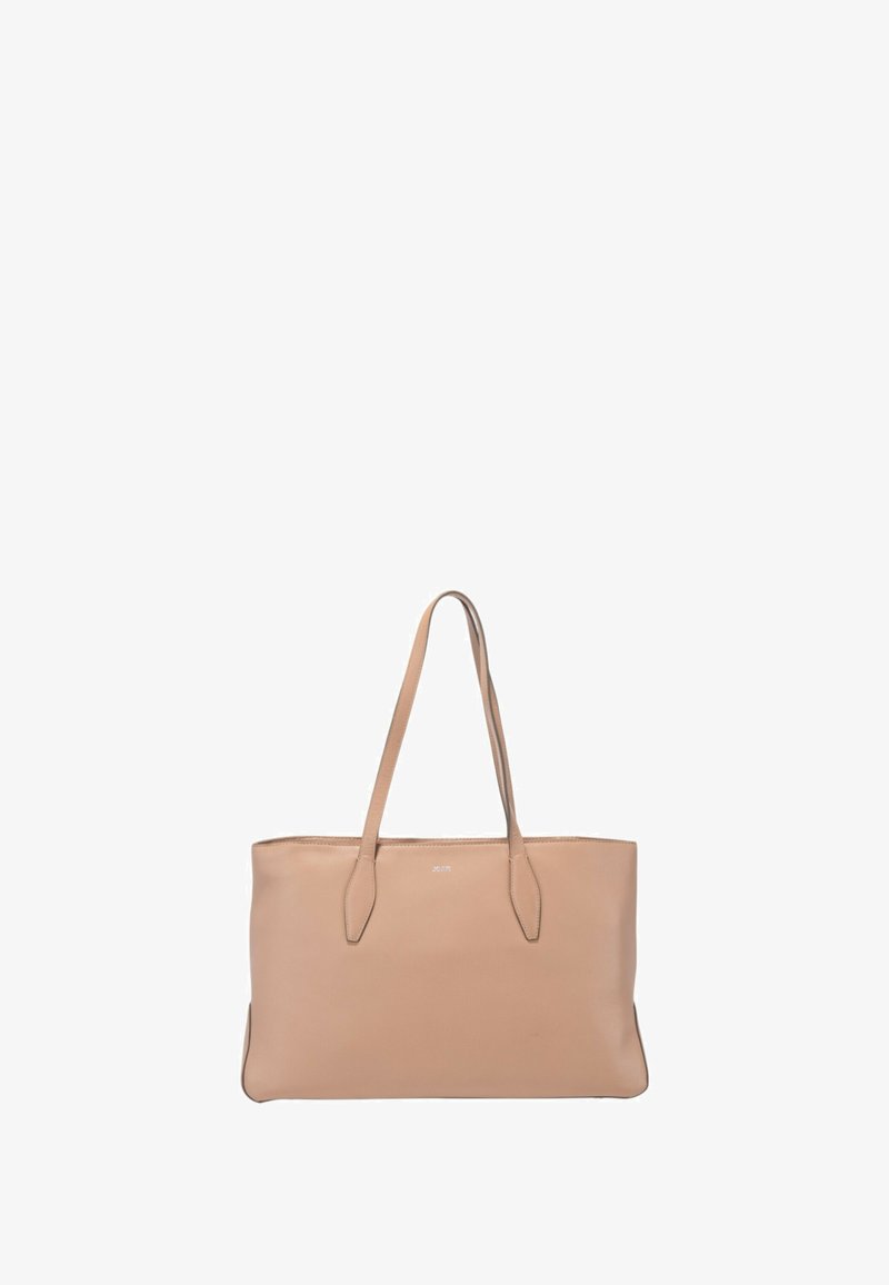 Sac fourre-tout en cuir beige avec deux poignées, forme rectangulaire, texture lisse, logo discret sur le devant, sans accents matériels visibles.
