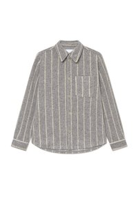 Gray shirt made of textured fabric features vertical cream stripes, a collar, and a single chest pocket. Fitted design with button closure.