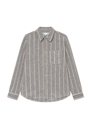 Gray shirt made of textured fabric features vertical cream stripes, a collar, and a single chest pocket. Fitted design with button closure.
