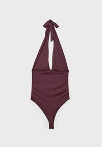 Costume da bagno intero bordeaux con scollo a halter e nastri, scollatura profonda e lati arricciati. Realizzato in tessuto morbido ed elastico, offre una copertura minima.