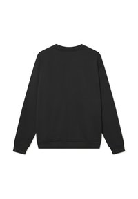 Haine de trening negre cu guler rotund, mâneci lungi și croială lejeră. Material moale din bumbac cu manșete și tiv riban, fără logo-uri vizibile.