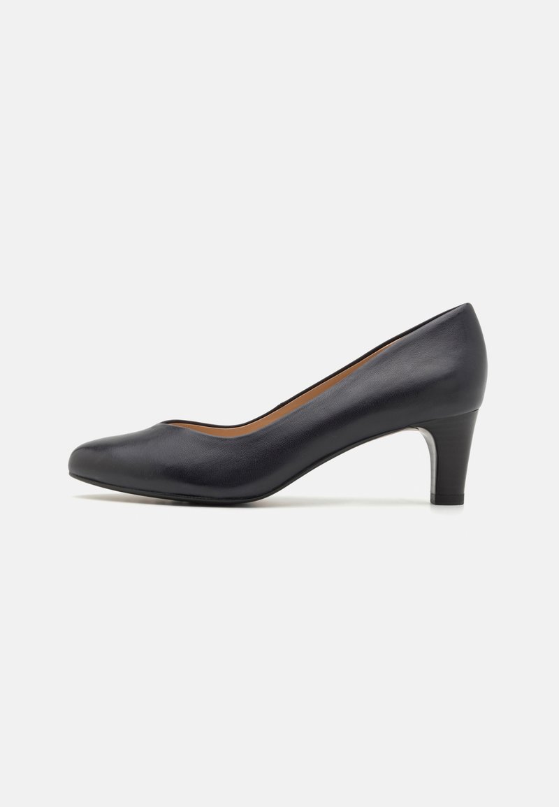 Escarpin en cuir noir à talon moyen, bout arrondi et finition lisse, présenté de profil sur un fond clair uni.