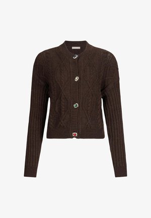 Brown knitted cardigan featuring a textured cable design, ribbed sleeves, and decorative buttons with colored accents.