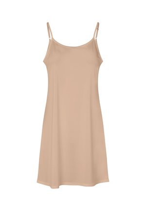 Beigefarbenes ärmelloses Slip-Kleid mit dünnen verstellbaren Trägern und rundem Ausschnitt, vor weißem Hintergrund präsentiert.