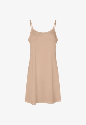 Beigefarbenes ärmelloses Slip-Kleid mit dünnen verstellbaren Trägern und rundem Ausschnitt, vor weißem Hintergrund präsentiert.