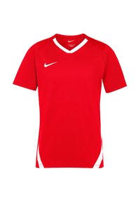 Rood Nike sport t-shirt met V-hals, korte mouwen, witte accenten aan de zijkanten en een klein wit logo op de borst. Lichtgewicht stof.