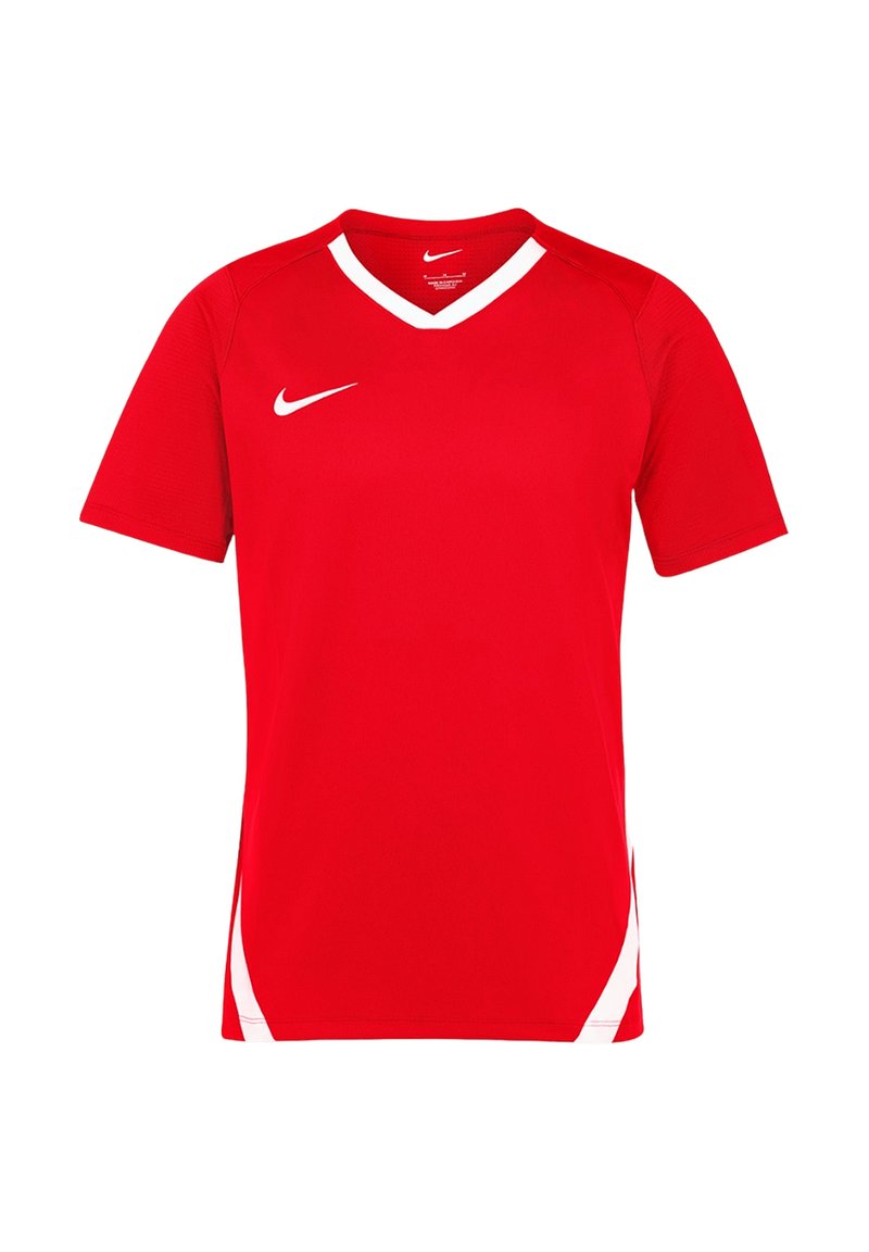 Rood Nike sport t-shirt met V-hals, korte mouwen, witte accenten aan de zijkanten en een klein wit logo op de borst. Lichtgewicht stof.