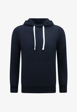 Marineblauwe hoodie met witte trekkoorden, lange mouwen en een voorzak in kangoeroestijl, afgebeeld op een effen witte achtergrond.