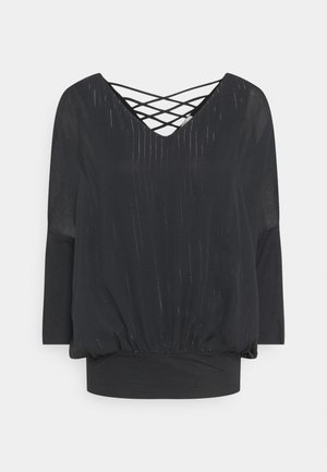Schwarzes Oberteil mit V-Ausschnitt und überkreuzten Rücken-Details. Mit Dreiviertelärmeln und gerafftem Saum für eine lässige Passform.