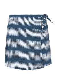 Jupe enveloppante en bleu profond avec un motif zigzag blanc, dotée d'un lien à la taille. Fabriquée en tissu texturé, avec une coupe droite et courte.