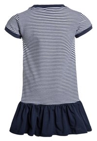 Pasiasta sukienka z krótkimi rękawami w kolorze granatowym i rozkloszowanym, falbaniastym dołem. Wykonana z miękkiej bawełny, z poziomymi białymi i granatowymi pasami.