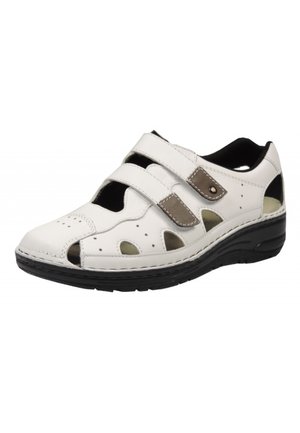 Weiße Leder-Herrensandalen mit zwei verstellbaren Riemen, seitlichen Aussparungen und schwarzer gepolsterter Sohle für Komfort und Atmungsaktivität.