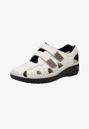 Weiße Leder-Herrensandalen mit zwei verstellbaren Riemen, seitlichen Aussparungen und schwarzer gepolsterter Sohle für Komfort und Atmungsaktivität.