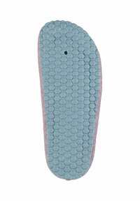 Sole of a shoe with a light blue rubber surface featuring a hexagonal pattern and a pink fabric edge, including a small circular hole.