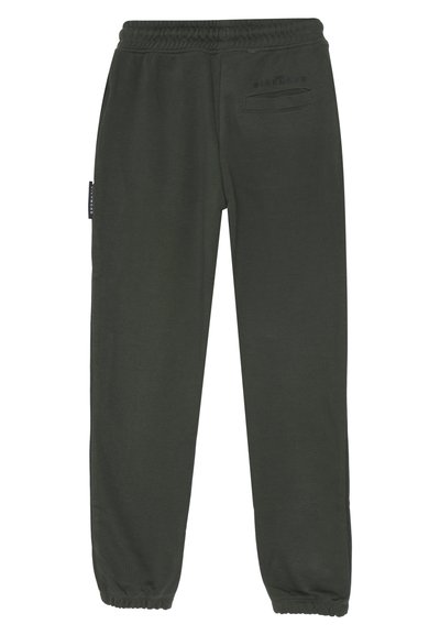 Pantaloni da jogging in verde scuro con vita elastica e polsini elastici, una tasca a filetto sul retro e un piccolo etichetta del marchio laterale.