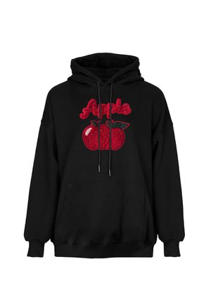 Sort hættetrøje med rødt palietdesign af to æbler og ordet "Apple" over dem, med lomme foran og snøre i hætten.