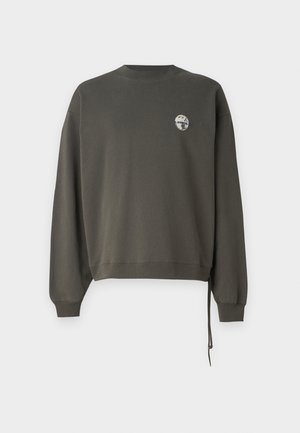 Dark olive green sweatshirt with long sleeves, round neckline, and a logo patch on the chest. Features side drawstring detail.