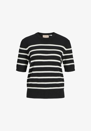 Mustvalge triibuline lühikeste varrukatega sviiter, ümmarguse kaelusega; omadused ribakrae ja sile kudumise tekstuur.