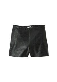 Shorts noirs en simili cuir avec une texture crocodile, taille mi-haute, dotés d'une fermeture éclair à l'avant et d'un design épuré. Fini intérieur lisse.