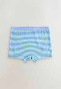 Boxer briefs à rayures horizontales bleu clair et vert avec une ceinture bleu unie, posés à plat sur une surface blanche.