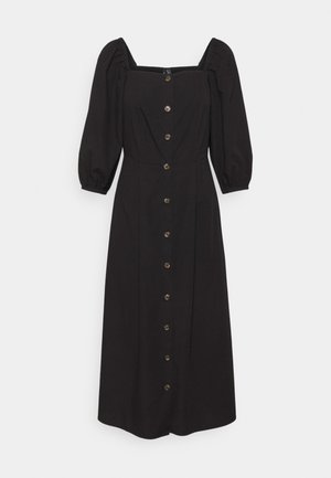 Schwarzes, knielanges Kleid mit Quadrat-Ausschnitt, puffigen Ärmeln und vorderer Knopfleiste, versehen mit goldfarbenen Knöpfen und einer glatten Textur.