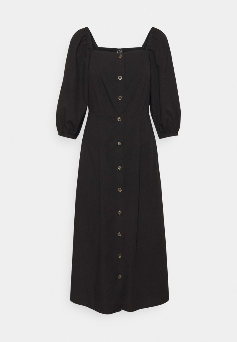 Robe noire mi-longue avec un décolleté carré, des manches bouffantes et une fermeture à boutons à l'avant, dotée de boutons dorés et d'une texture lisse.