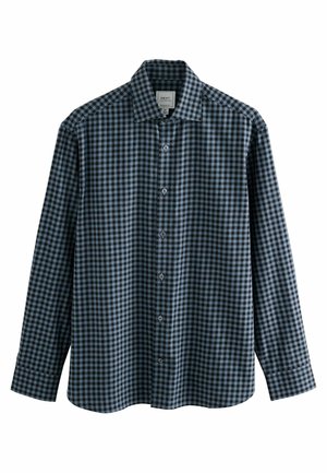 Checkered blue and black long-sleeve shirt. Features a classic collar, front buttons, and a straight hem. Made from a woven cotton material.