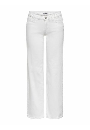 Hvite jeans med rette ben, knapp foran, glidelås, beltehemper og lommer foran og bak, vist på en ensfarget bakgrunn.