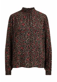 Svart långärmad blus med hög rynkad halsringning, med ett blommönster i röd, rosa och vit på en mörk bakgrund.