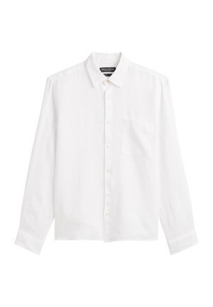 Chemise blanche à manches longues avec col et poche poitrine, présentée à plat sur un fond blanc.