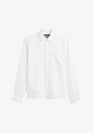 Chemise blanche à manches longues avec col et poche poitrine, présentée à plat sur un fond blanc.