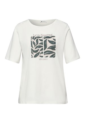 Weißes T-Shirt mit kurzen Ärmeln, grünem blättrigem botanischem Druck und den Texten „La Vie Botanique“ und „Côte d'Azur“ auf der Vorderseite.