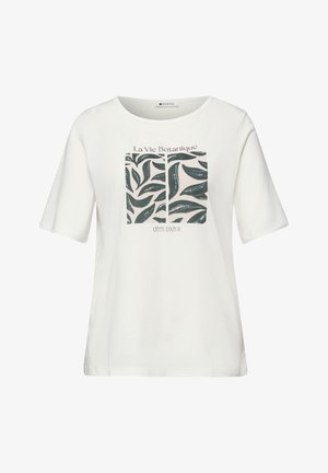 Weißes T-Shirt mit kurzen Ärmeln, grünem blättrigem botanischem Druck und den Texten „La Vie Botanique“ und „Côte d'Azur“ auf der Vorderseite.