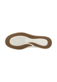 Suela de zapato con una base blanca y una suela exterior de goma marrón con textura ondulada y orificios de ventilación, diseñada para agarre y comodidad.