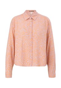 Chemise à manches longues boutonnée avec col pointu, présentant un motif abstrait tourbillonnant pêche et rose sur un tissu léger.