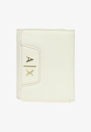 Portafoglio pieghevole color crema con logo A/X in tonalità oro sull'angolo anteriore, con cuciture visibili lungo i bordi.