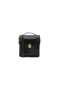 Borsa a tracolla nera in pelle con forma strutturata, manico superiore e tracolla regolabile. Presenta una chiusura dorata e una texture liscia.