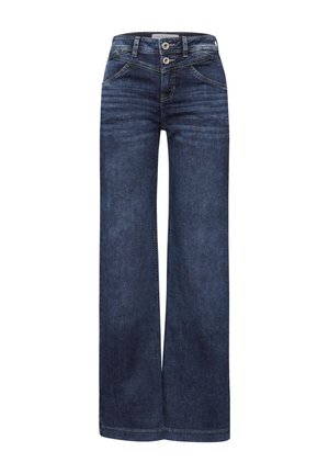 Tmavě modré džíny s širokými nohavicemi a vysokým pasem, se dvěma předními knoflíky, předními kapsami a viditelnými švy.