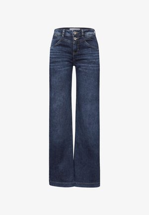 Donkerblauwe denim jeans met wijde pijpen, hoge taille, twee knopen aan de voorkant, voorzakken en zichtbare stiknaden.