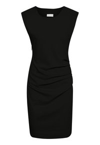 Czarna sukienka o dopasowanej sylwetce, z krótkimi rękawami i marszczeniami w talii. Wykonana z gładkiego materiału z okrągłym dekoltem.