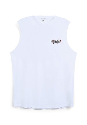 Canottiera bianca senza maniche con scollo rotondo e grafica "LOVE YOURSELF" in nero e rosso nella zona sinistra del petto. Tessuto morbido.