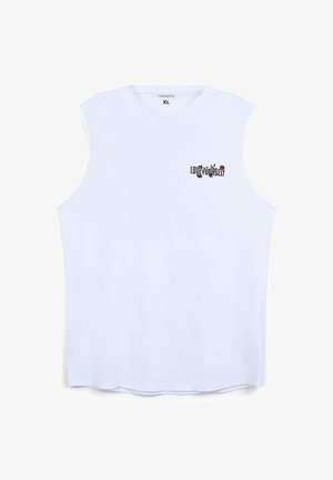 Canottiera bianca senza maniche con scollo rotondo e grafica "LOVE YOURSELF" in nero e rosso nella zona sinistra del petto. Tessuto morbido.