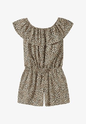 Leopardprint playsuit med flæset off-shoulder halsudskæring, elastik i taljen og korte ben i beige og mørkebrune farver.