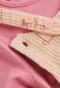Roze stof met crèmekleurige ribfluwelen schouderbanden, vastgemaakt met twee ronde knopen en knoopgaten.